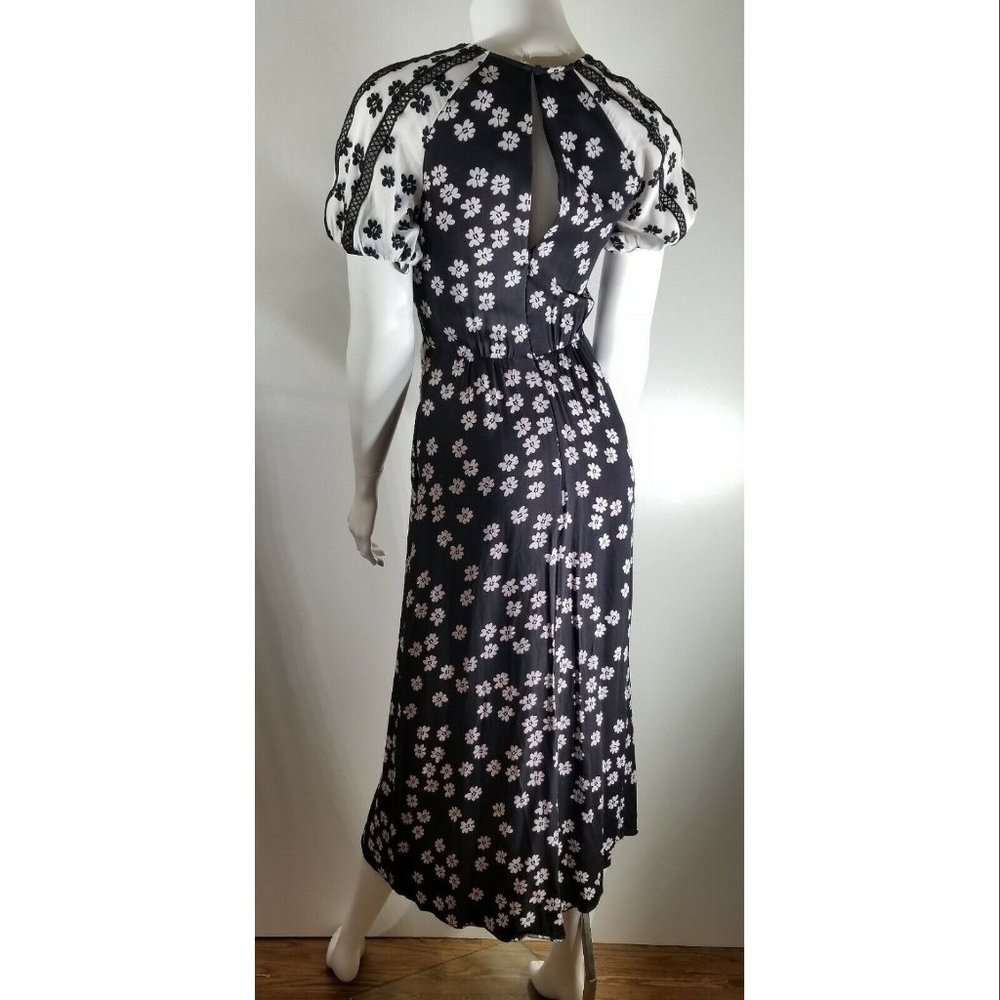 Self Portrait Daisy Print Puff Sleeve Women's Midi Dress, Black/White Size US 2 - Picture 7 of 12